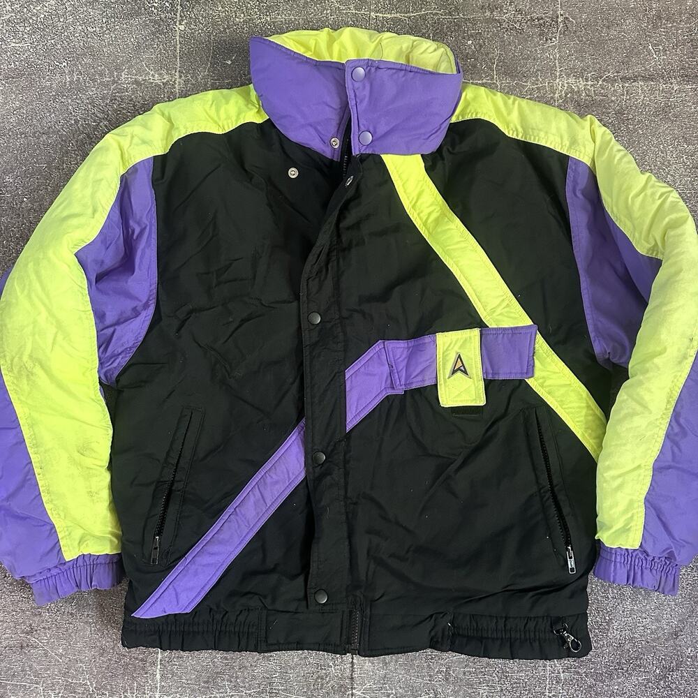 Men's Vintage 90's Altitude Neon Yellow Purple Black Puffer Ski Coat Jacket Sz L